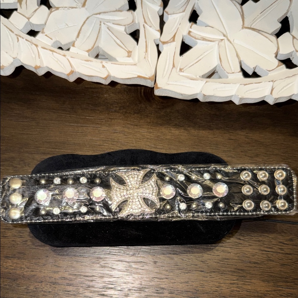 Rhinestone Embellished Black Leatherette  Bracelet